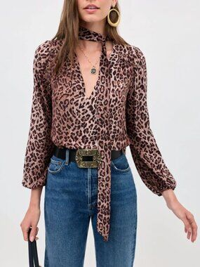 RIXO London Moss 100% Silk Blouse Leopard Print NWT